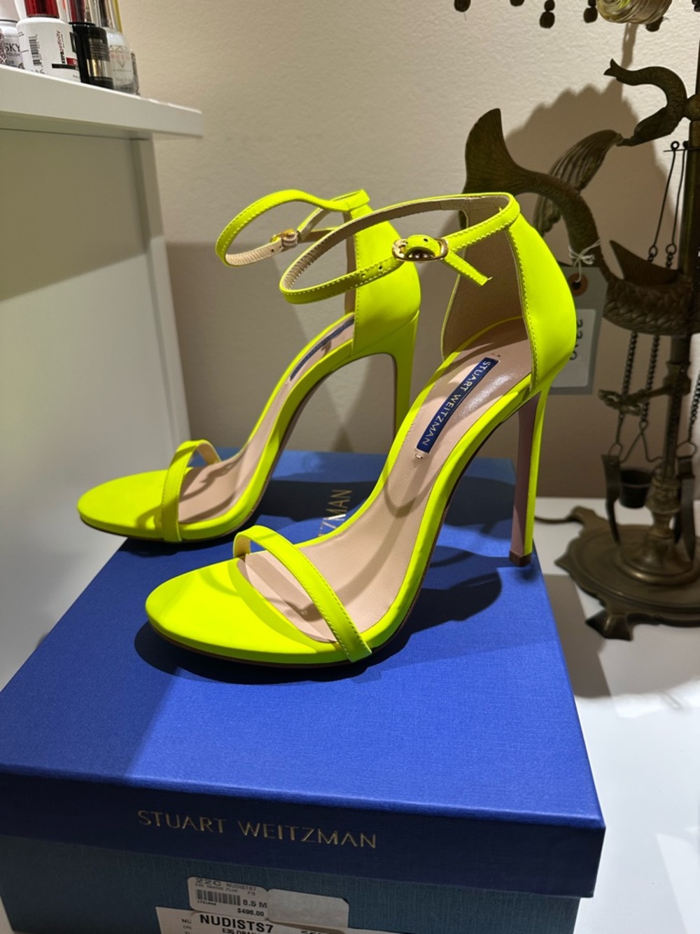 Stuart Weitzman Nudist Heels - Neon Yellow Ankle-Strap High Heel Sandals 8.5